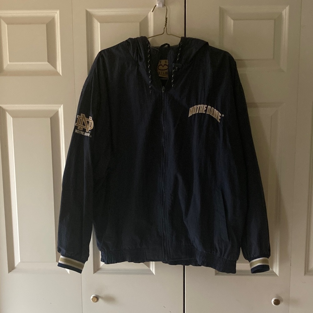 Vintage Notre Dame men’s L full zip lined hooded jacket Navy water repellent